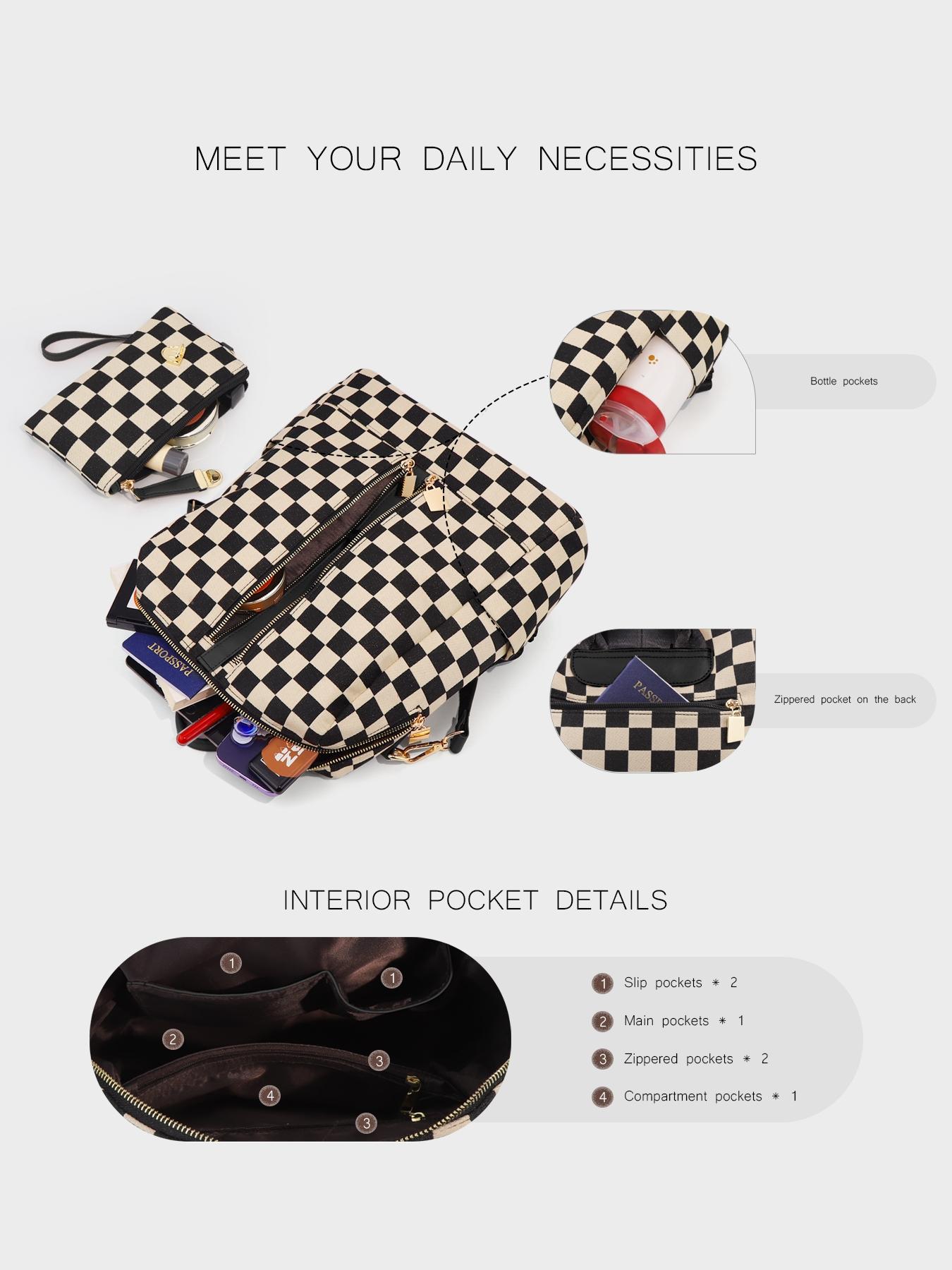Checkerboard Pattern Checkered Print Backpack Set, Women'S Fashionable Vintage Trendy Casual Durable Lightweight Large Capacity Zipper Travel Backpack & Wristlet, Multifunctional Bag Set For Daily Use