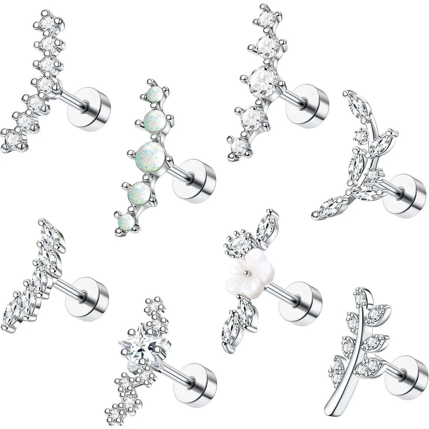 8 count Stainless Steel 16G Conch   Helix Cartilage Earrings | Flower Opal CZ Stud Earrings Set with Flat  for Women, 18K  Plated, , Rose