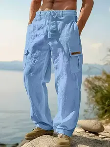 Men's Linen Cargo Pants with Drawstring, Multi-Pocket Straight Leg Casual Long Pants, Breathable Outdoor Beach Wear, Casual Lounge Pant