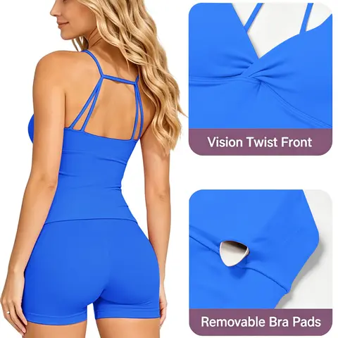 Workout Sets, Workout Sportswear for Women 2 Pieces, Fitness Set Deep V Women's Tank Top+Seamless Scrunch Shorts, Longline Backless Scoop Neck Crop Top+Gym Booty Shorts for Women, Fitness Clothing, Exercise Clothing Set