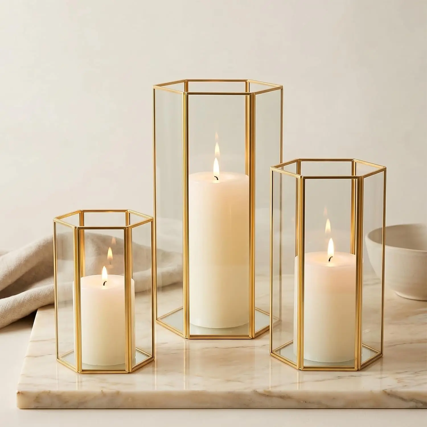 Glass Hurricane Candle Holder, Set of 3 Large Clear Hexagon Lanterns Pillar Candle Lantern with Gold Metal Frame Wedding Centerpiece Table Decor Home Decorations