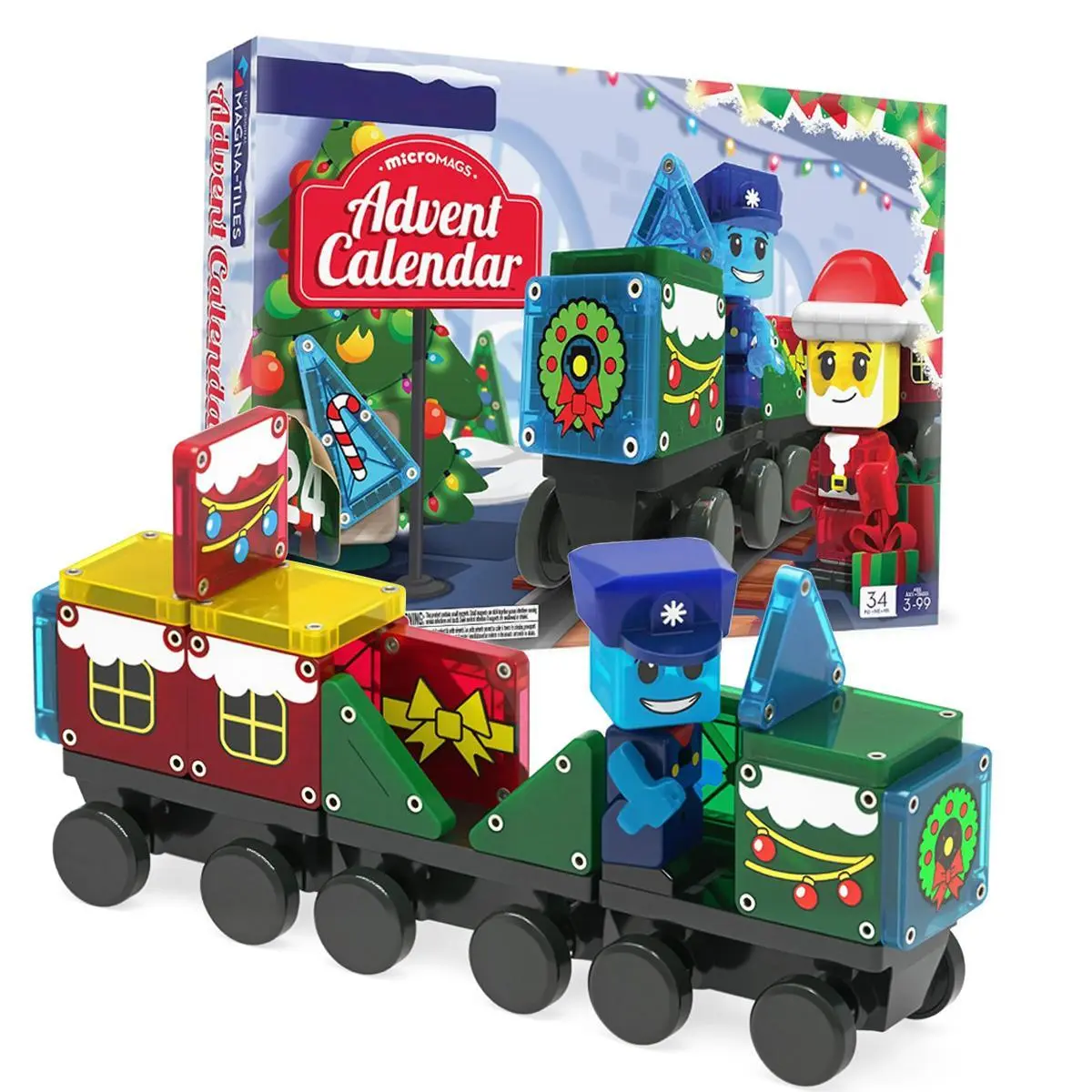 Magnetic Tiles Christmas Advent Calendar 2026 – 34-Piece Holiday Building Set with Squares, Triangles, Santa & Conductor Figures, Track Chassis, STEM Magnetic Tiles Countdown Gift for Kids Ages 3+, Compatible with Classic Tile Sets