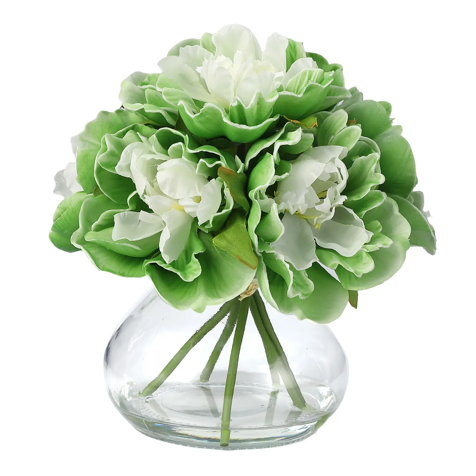 Lifelike Artificial Peonies & Calla Lilies Arrangement in Glass Vase – Realistic Silk Flowers with Faux Water