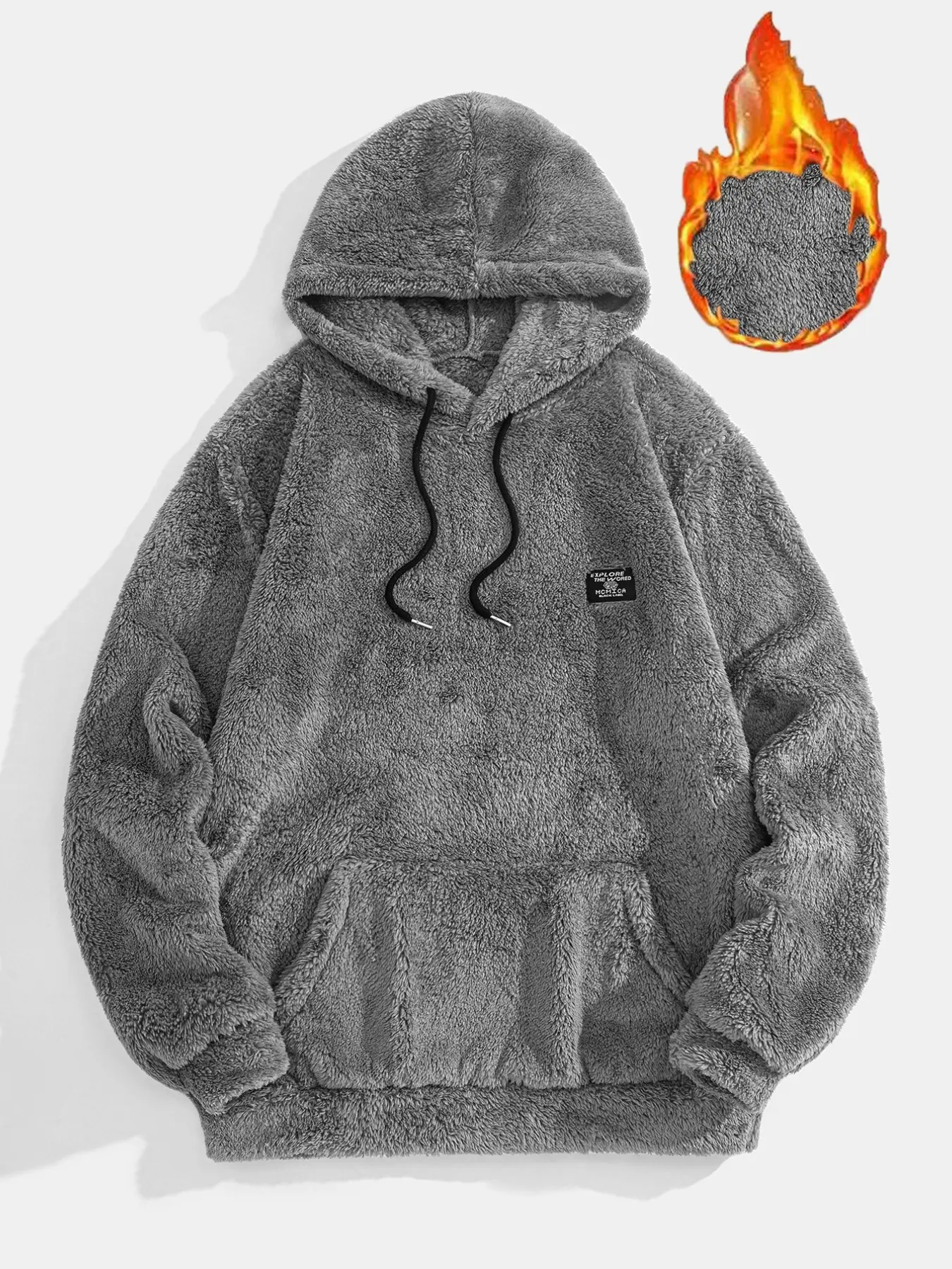 Men's Solid Thick Fluffy Fleece Hoodie, Simple Tag Accent Drawstring Pullover, Cozy Warm Sweatshirt for Lounge, Walking, Street, Sleep, Casual Daily, Drawstring Hooded Sweatshirt