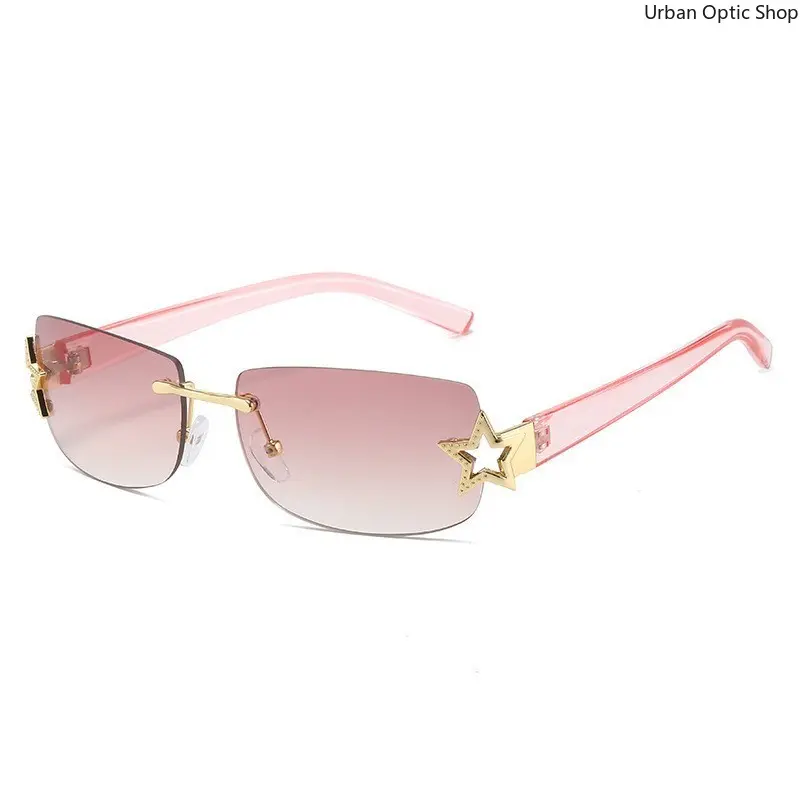 XUH Trendy Y2K Half Rimless Rectangular Sunglasses, Gradient Pink Tinted Lens with Hollow Rhinestone Star Metal Ornament, UV400 Statement Eyewear for Club Party, Summer Beach, Photoshoot & Daily Street Outfits