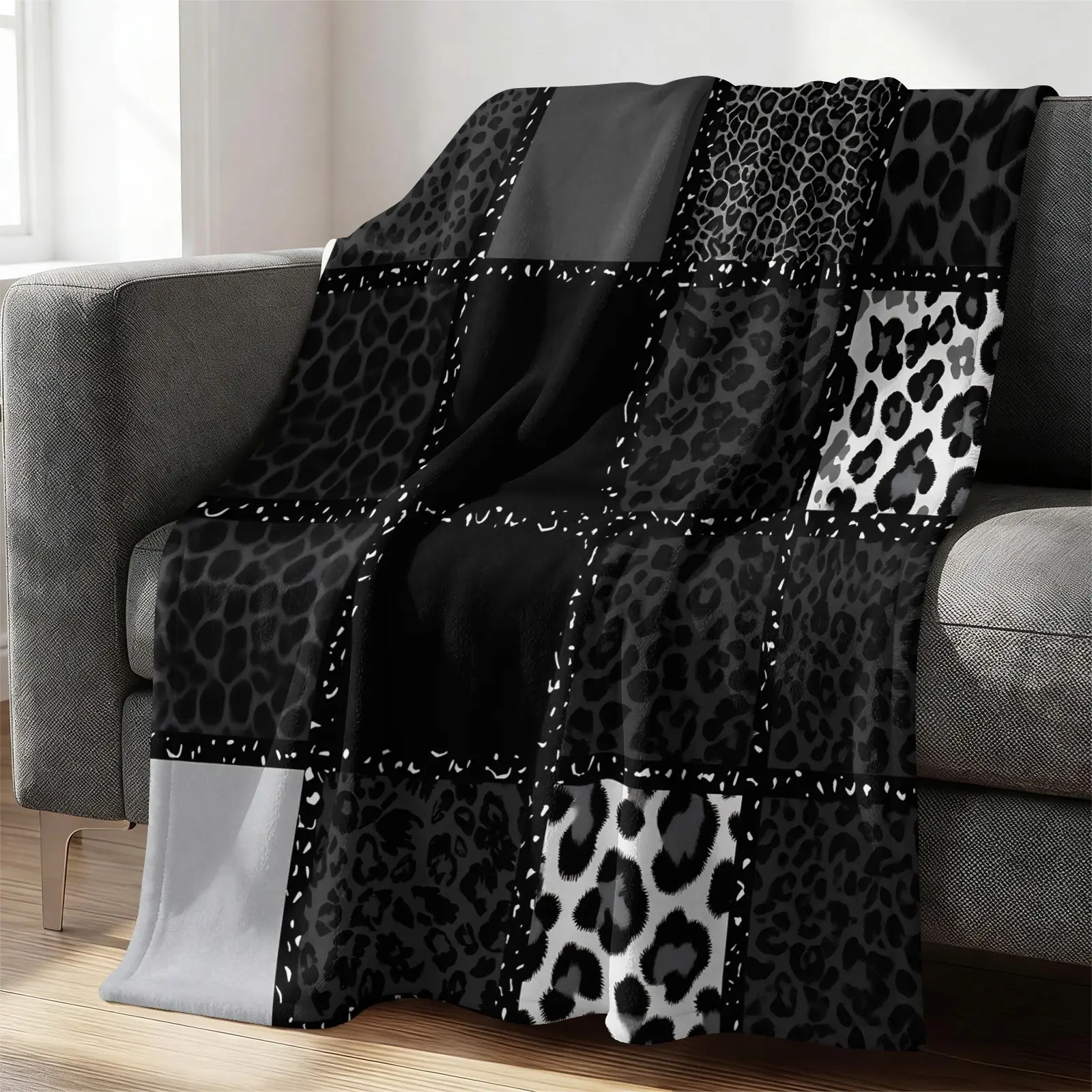 Black Grey Patchwork Leopard Flannel Blanket, Soft Flannel Lightweight Blanket for Sofa Couch Bed, All Season Cozy Home Decoration, Gift for Y2K Trend Aesthetic Lovers, Flannel Throw Blanket