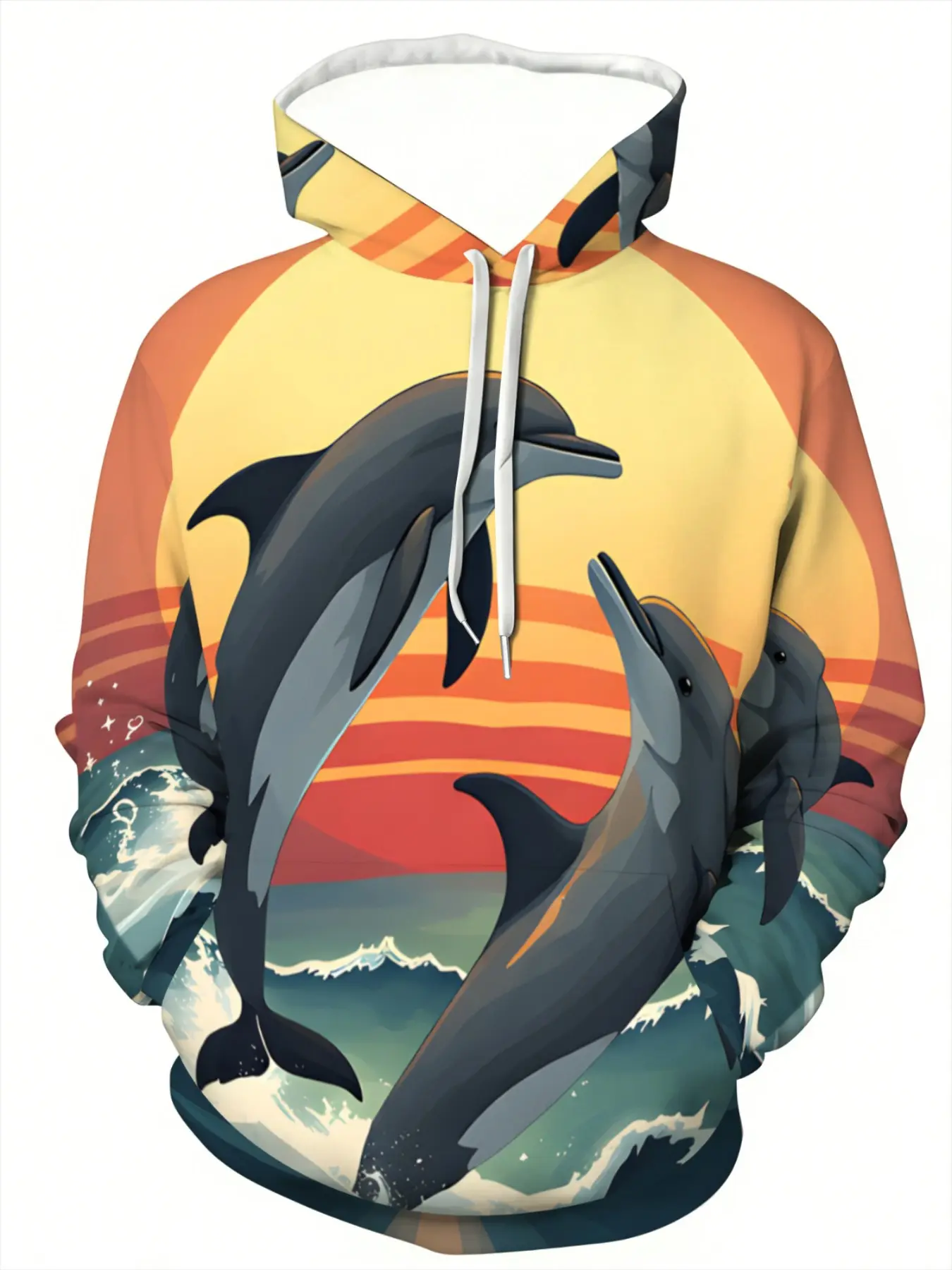 Men's Fashion Casual Long Sleeve Hoodie, Dolphin Print Pullover, Drawstring Kangaroo Pocket, Soft Fabric, St Patrick's Day Gift