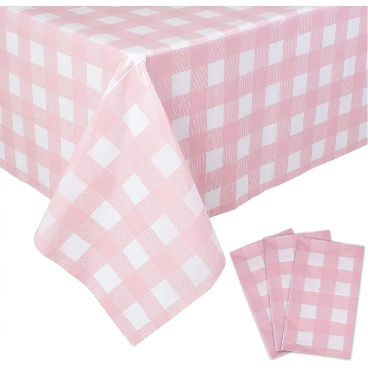 3 Packs Pink Gingham Tablecloth Pink and White Checkered Tablecloths 54 x 108 Inches Disposable Plastic Gingham Tablecovers Waterproof Rectangle Picnic Table Covers for Birthday Party Supplies