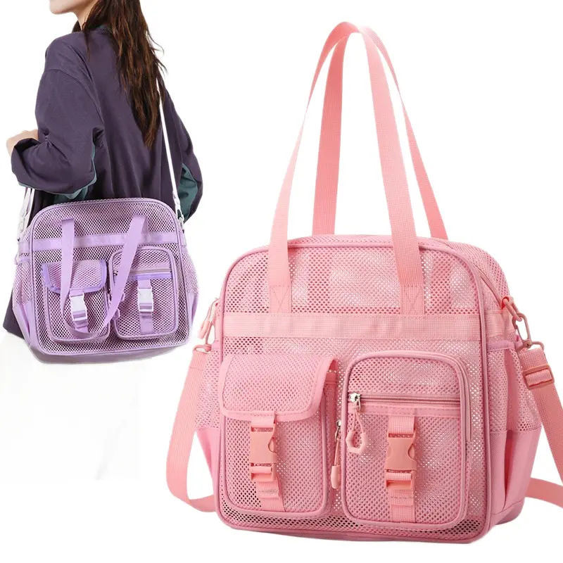 Premium Quick-Drain Pink Mesh Tote Bag for Adults - Multi-Pocket, Large-Capacity, Hollow-Out, Lightweight Breathable Storage Organizer for Beach, Gym