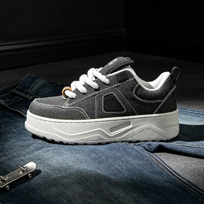 Wide‑Foot Friendly Unisex High‑Top Chunky Bread Sneakers Black Denim Canvas Thick Rope Laces Cork Ornament Roomy Toe‑Box White Platform Skate Shoes Men Women Casual Street Footwear