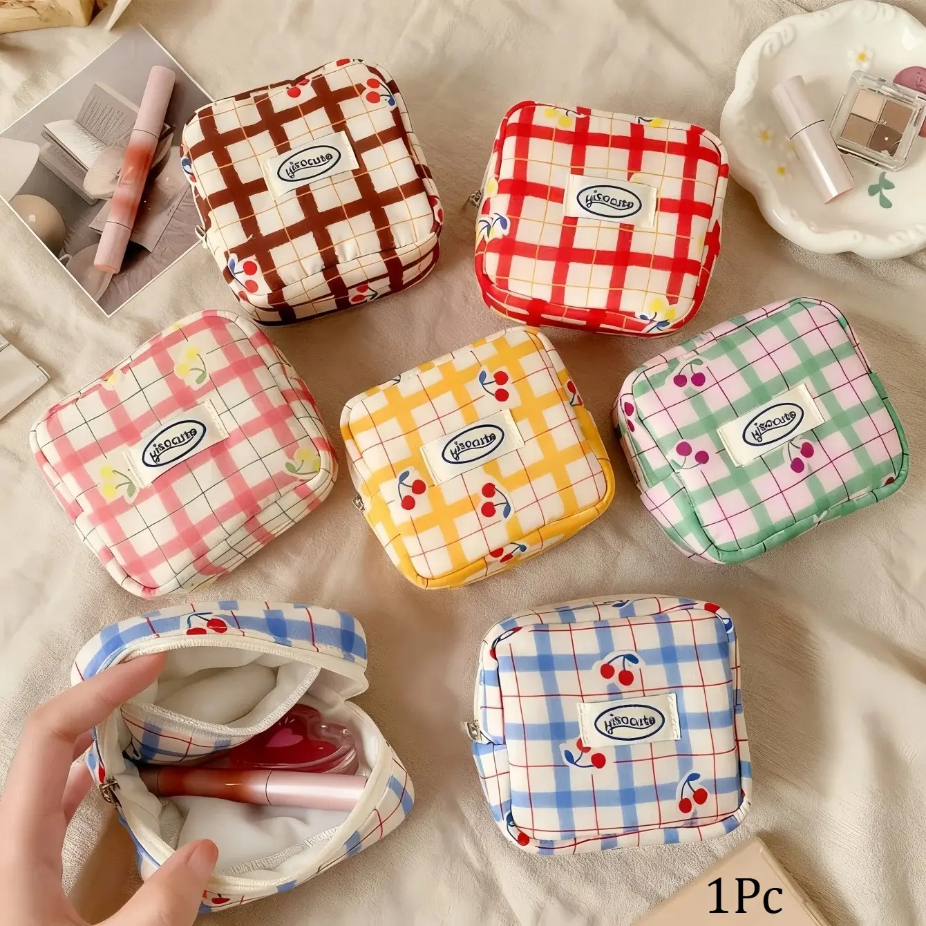 Small Cosmetic Pouch for Purse, Mini Makeup Bag with Compartments, Pockets Sanitary Napkin Pouch, Cute Zipper Lipstick Holder, Cosmetics Bag