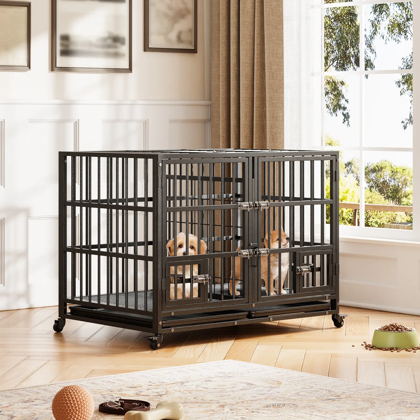 Summervibes Flash sale Heavy Duty Stackable Metal Dog Crate - Open Top, 4 Lockable Wheels - Removable Tray & Divider - Raised 360° Feeder, 2 Stainless Bowls - Escape-Proof Kennel Cage for Medium & Large Dogs - Indoor/Outdoor Use
