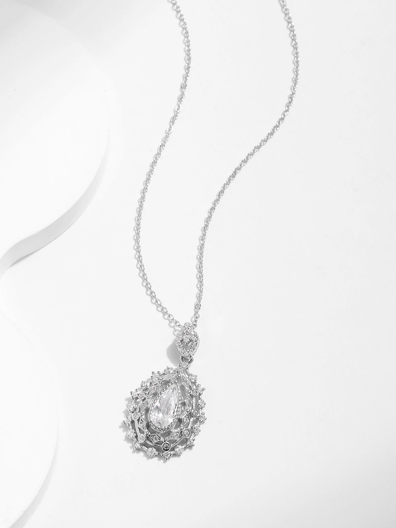 925 Sterling Silver Fashion Water Drop Shaped Artificial Zircon Decor Pendant Necklace for Women, Trendy All-match & Exquisite Jewelry for Birthday Gift
