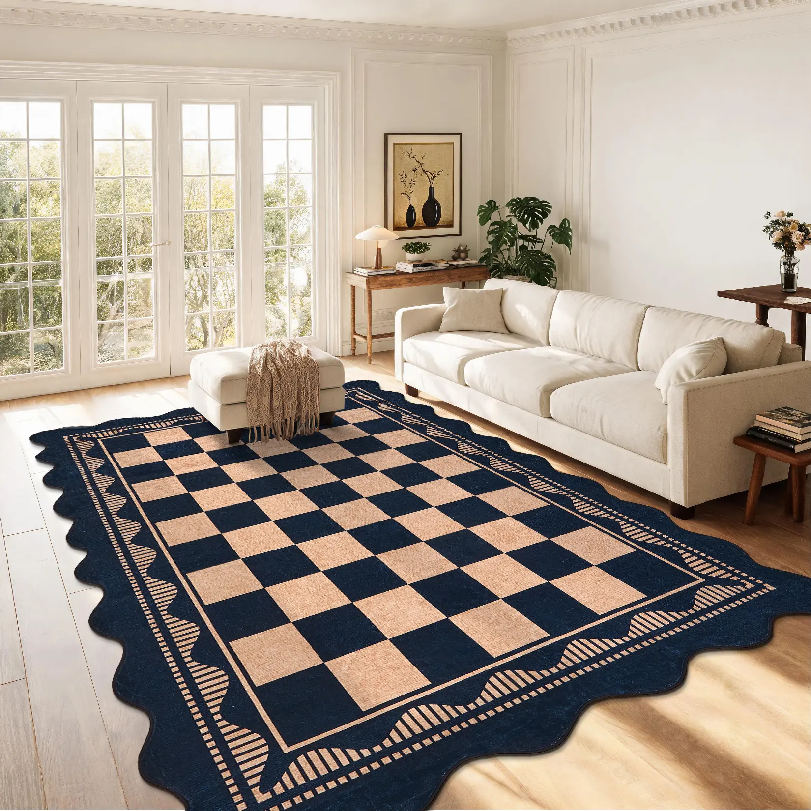 Fan-Shaped Checkered Area Rug, Machine Washable, Soft Non-Slip Ultra-Thin Non-Shedding Floor Mat for Kids Rooms, Playrooms, Bedrooms & Dining Rooms Living Room Rug
