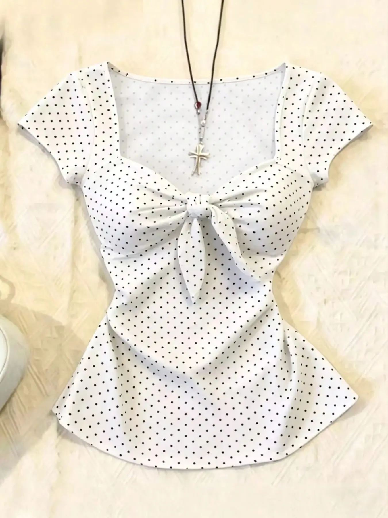 Women's Polka Dot Bow Square Neck Top, Slim-Fitting Short Sleeve Summer Casual Shirt, Boho Style, Boho Tie Top, All Seasons