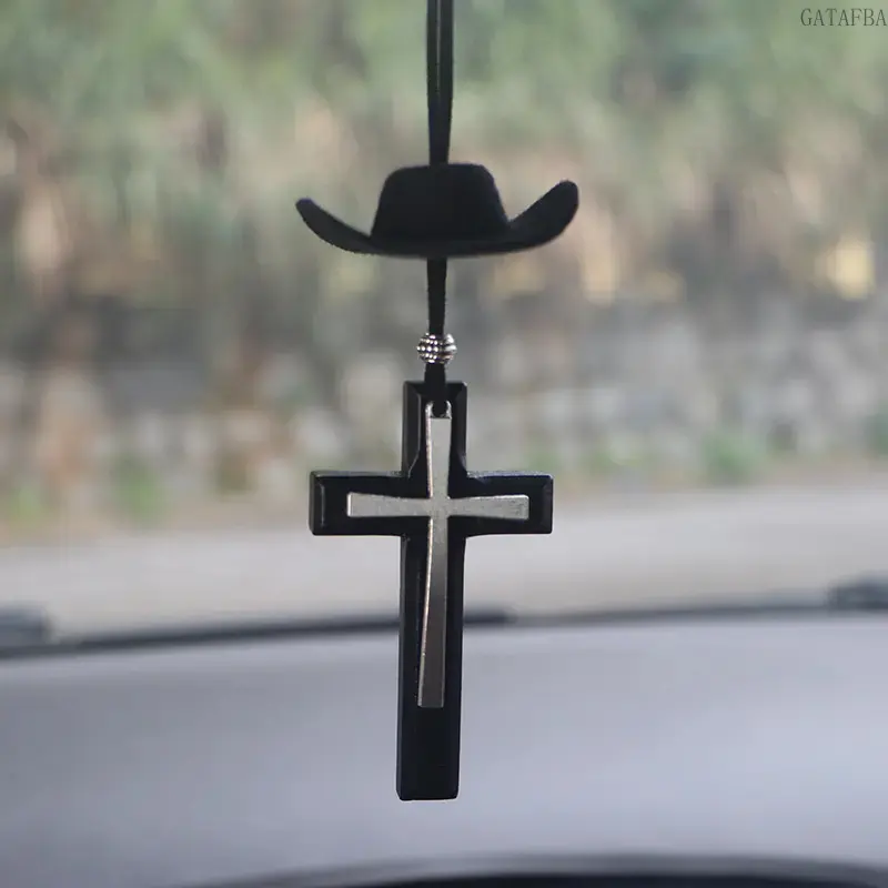 Cross Hat Cowboy Car Hanging Ornament - Wooden-Inlaid Metal Cross Rearview Charm, All Seasons Western Faith Car Interior Decor, Religious