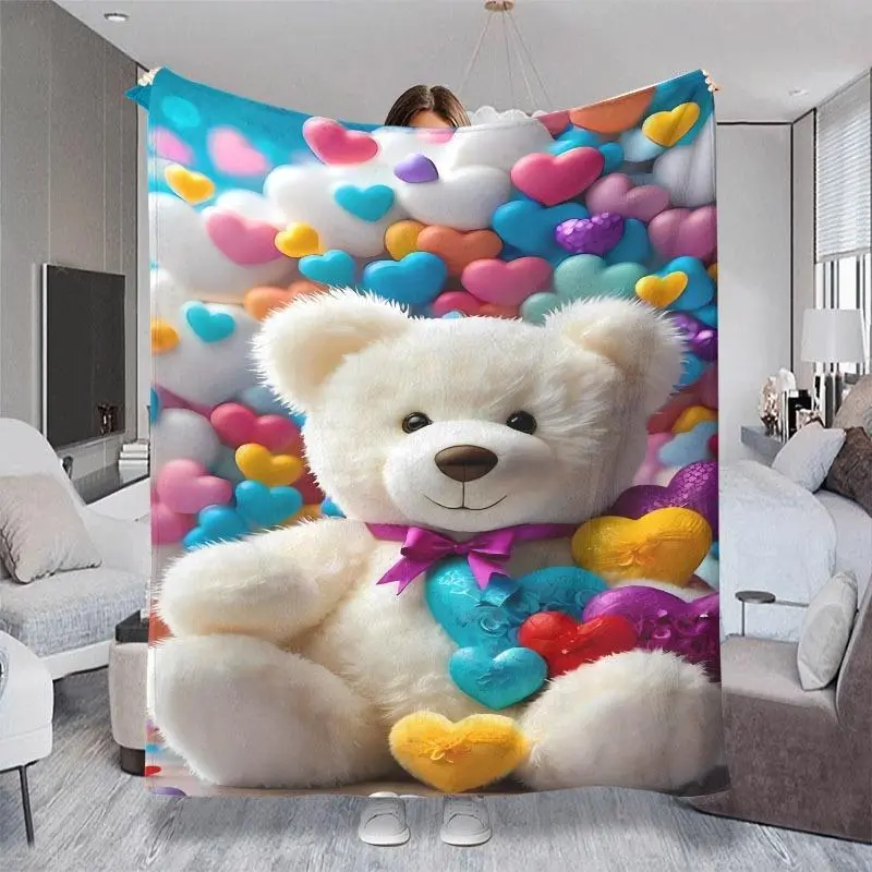 2D Flat Printed (Non-Stereo) Cute White Teddy Bear with Purple Bow Tie & Vibrant Multi-Colored Hearts Graphic Throw Blanket, Multiple Specifications Available, Soft Cozy Nap Blanket Perfect for Bedroom, Sofa & Daily Rest Scenarios