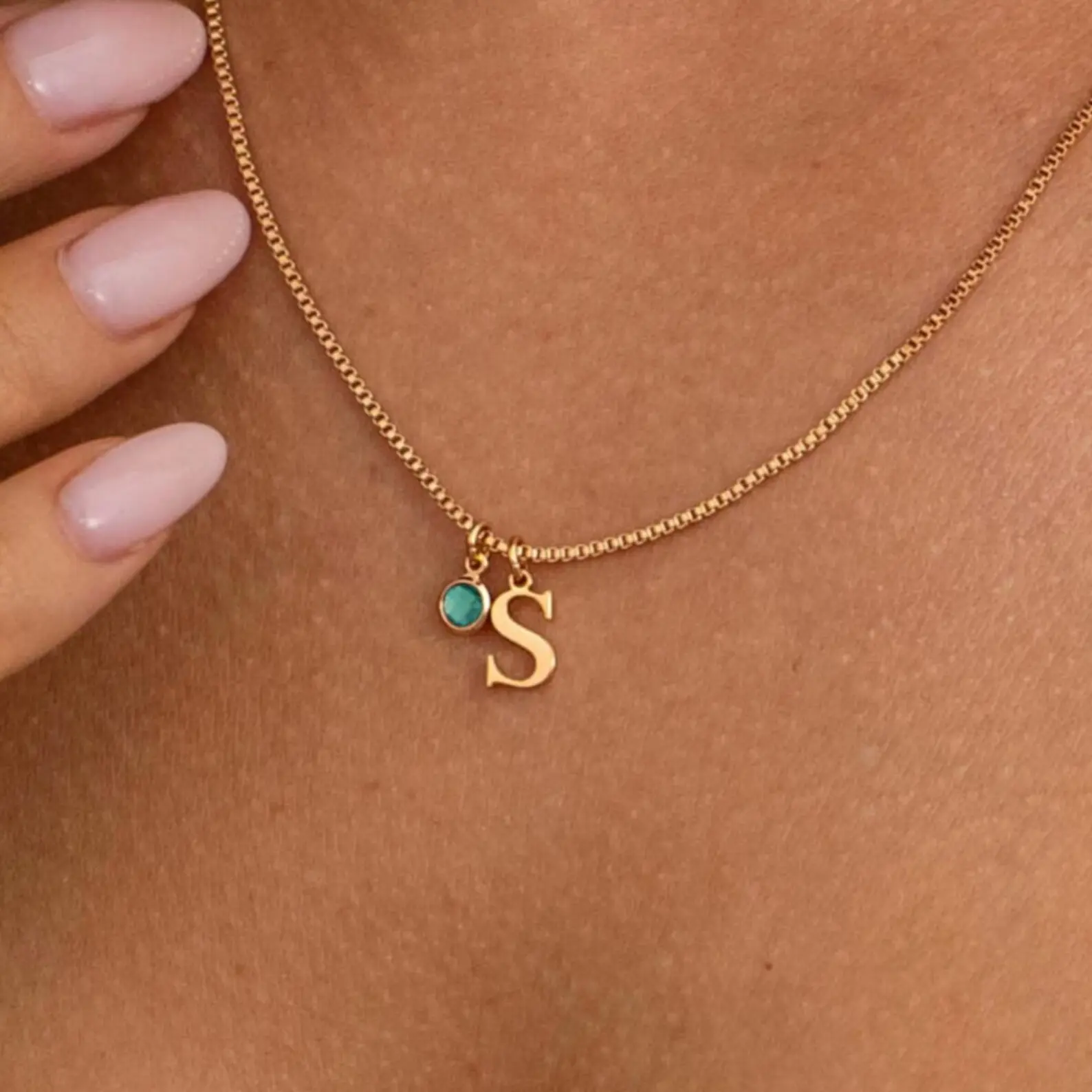 AS811 Personalized Custom Initials Birthstone Pendant Stainless Steel Box Chain DIY Necklace Birthday Gifts Family and Friends
