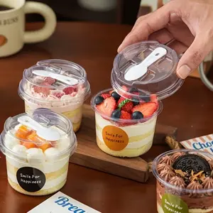 50 Sets Round Transparent Plastic Lidded Packaging Boxes with Spoons, Ideal for Cookies, Fruit Ice Cream, Mousse Cake and Yogurt Cups
