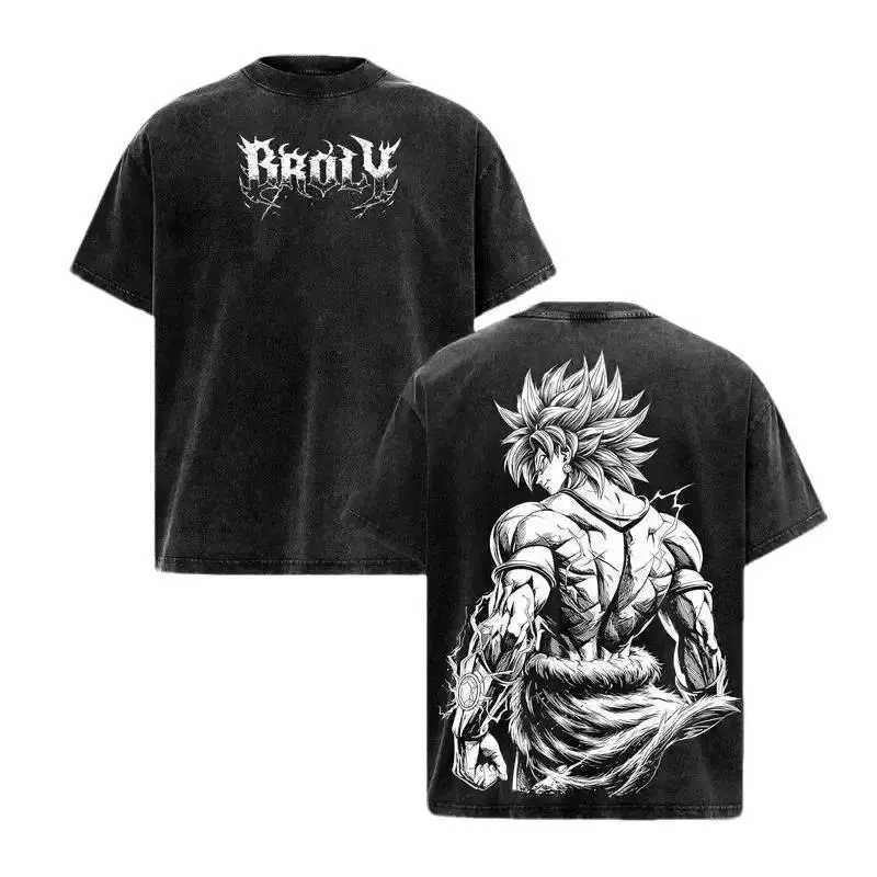 Men's Broly DBZ Vintage Washed Oversized Round Neck Shortsleeve Tee - Premium Soft Cotton Unisex Menswear Apparel, Anime Manga Saiyan Graphic, American Casual Clothes for Gym, Streetwear