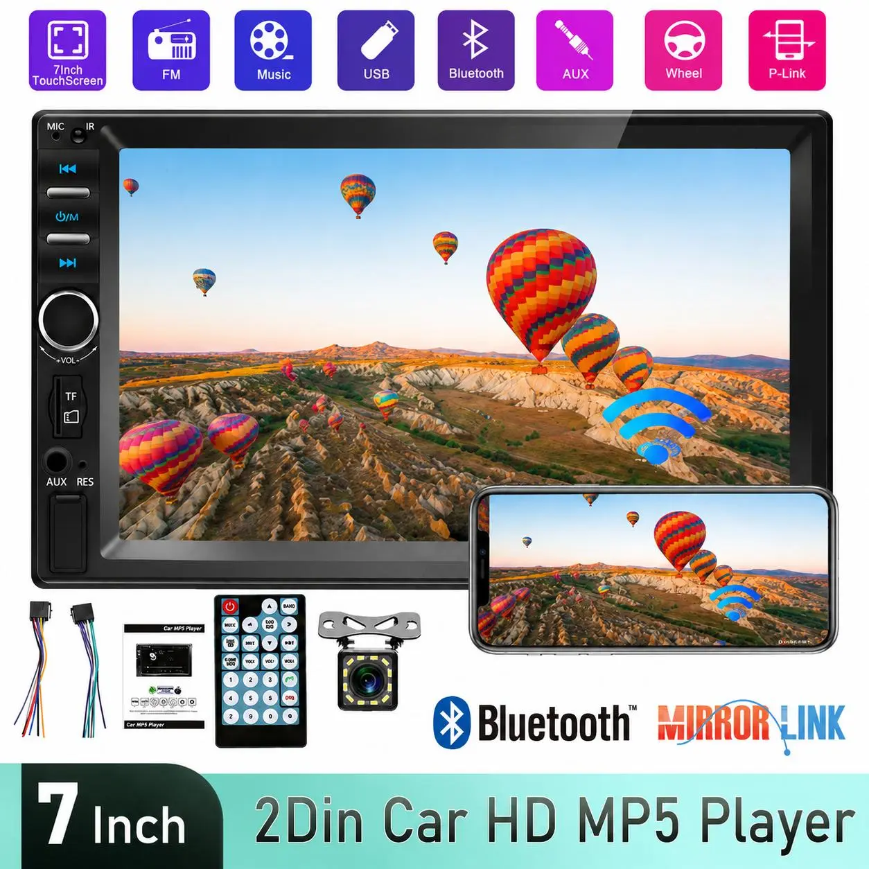 【DealsForYou】7018b Model 7-in HD Universal Double Din Car Stereo with Backup Camera, Bluetooth Hands-Free Calling, Mirrorlink Touchscreen Radio, FM Receiver, USB/TF/AUX Multimedia Player, Car Screen Display, Car Tv
