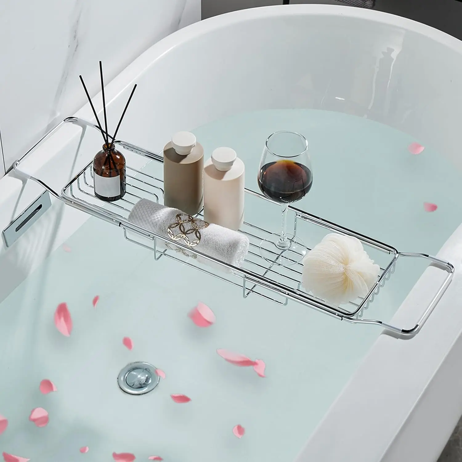 Silver Stainless Steel Retractable Bathtub Caddy Tray - Minimalist Adjustable Bathroom Organizer Shelf Table, 26.8-35.4in, Ideal for Home Supplies Gift