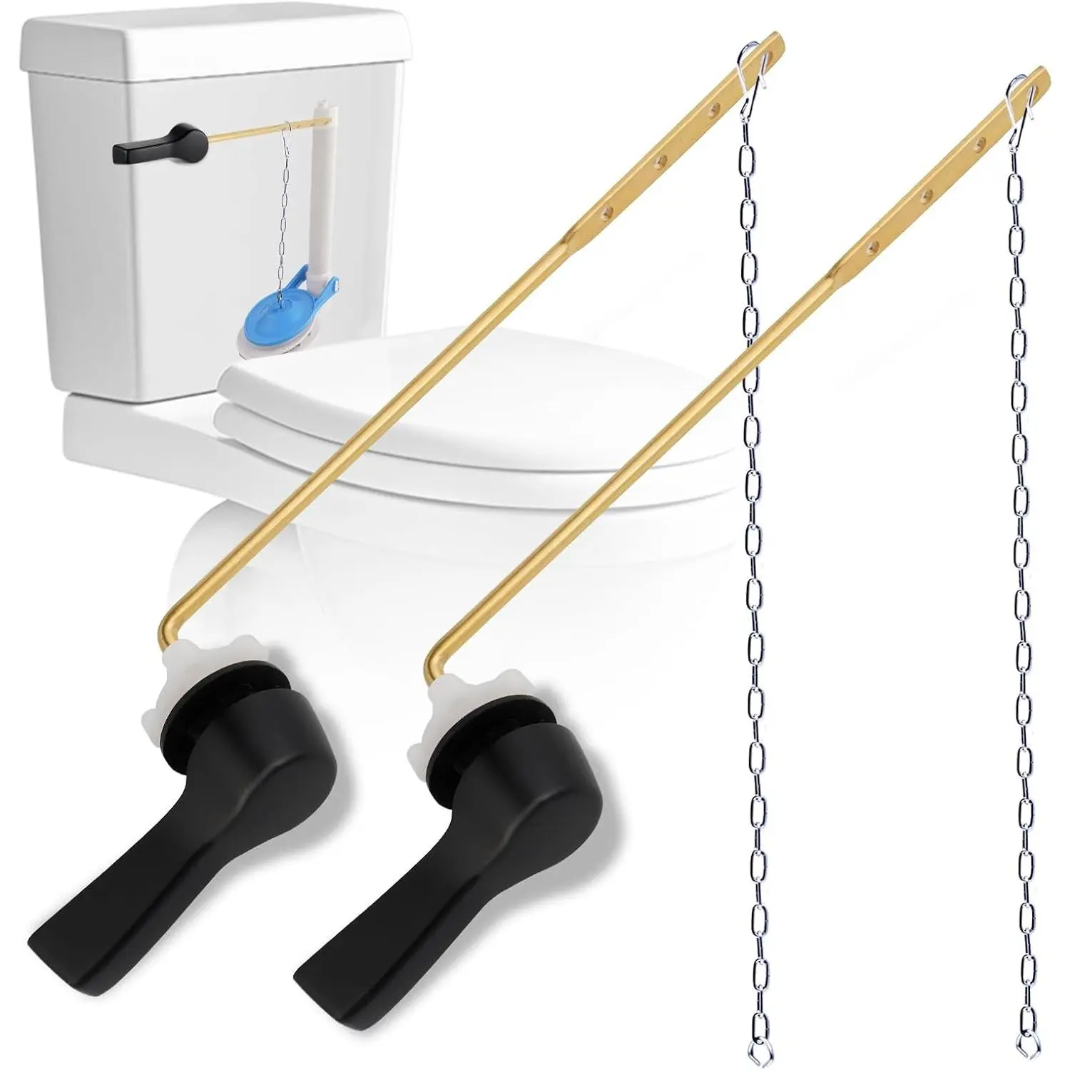 2 Pack Universal Metal Front Mount Toilet Handle, Matte Black | Toilet Flush Lever Replacement Kit with Stainless Steel Flapper Chains, Adjustable Holes for Most Front-Mount Toilets