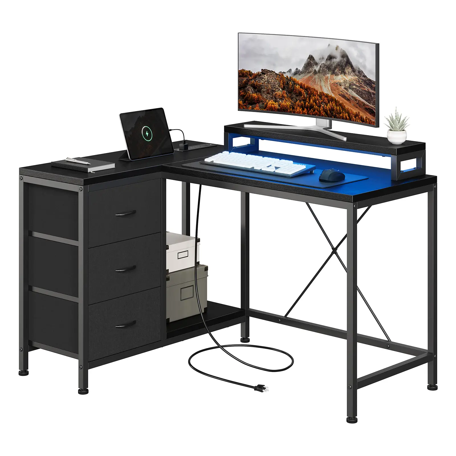 L-Shaped Computer Desk with Power Outlets and RGB LED Lights, 43.1-Inch Reversible Corner Gaming Desk with 3 Fabric Drawers, Storage Shelves and Monitor Stand for Home Office, Bedroom, Study Room, Apartment and Small Spaces, Available in Multiple Finishes