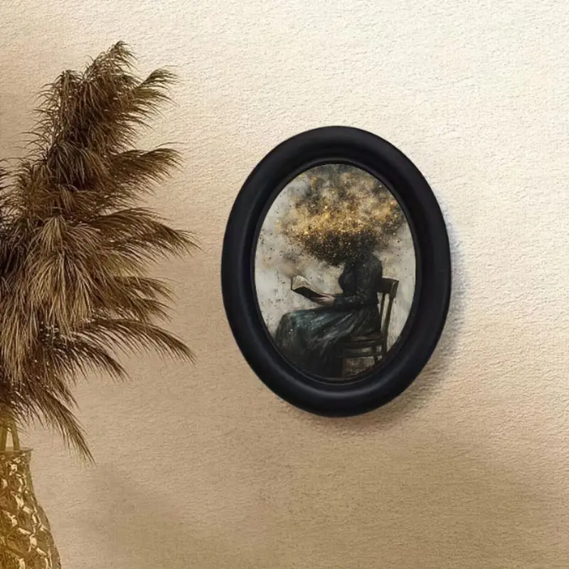 Abstract Oval Desk Decorative Wooden Frame, Vintage Picture Frames, Vintage Texture Art, Matte Simple Design, Literary Dark Style, Bookshelf Desktop Decoration