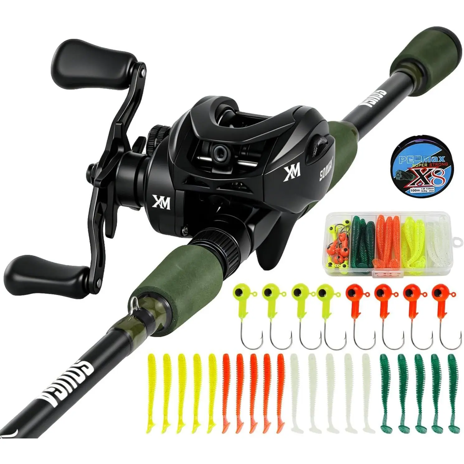 Fishing Rod and Baitcaster Reel Combo, 6ft Medium 2- Casting Rod with 6.4:1 Baitcasting Reel Combos, 100m Braided Line, EVA Handle, Jig Heads & Soft Lures for Freshwater Bass Fishing