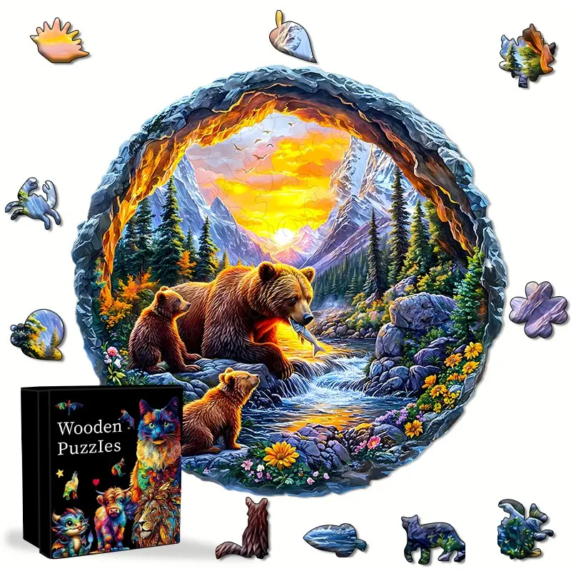 Round Wooden Puzzle, Mountain Bear, Creative Shaped Pieces, Fun Brain Teasers, Room Decoration, Gifts, Cheap Toys, Puzzles