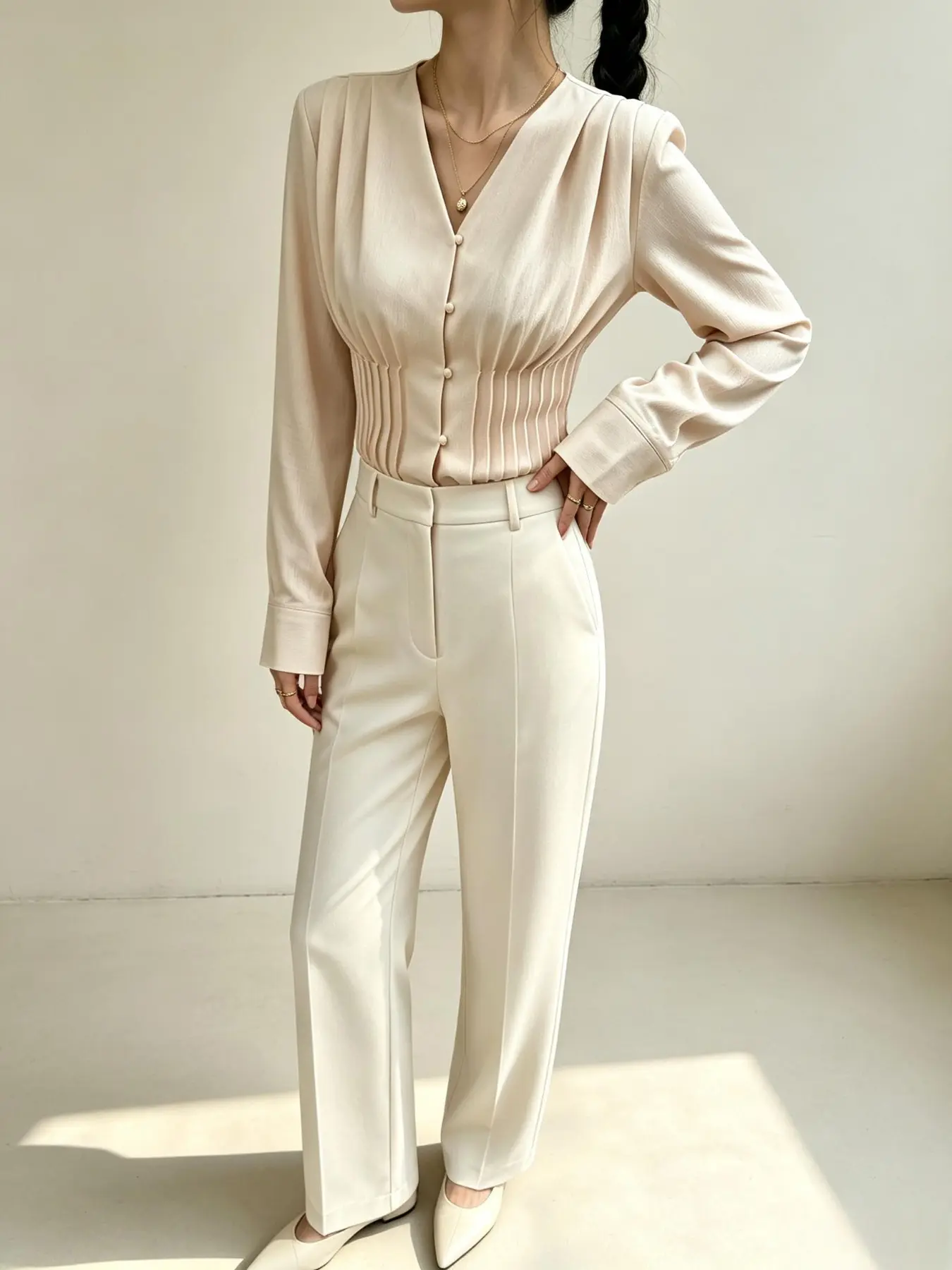 Elegant Waist-Cropped V-Neck Shirt, Smooth Satin Fabric, Slim-Fit Long Sleeve Top, Conceals Belly, Perfect for Office, Daily Wear, Evening Events