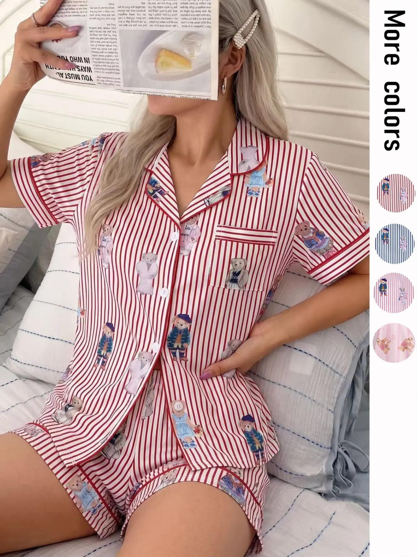Women's Striped Teddy Bear Print Pajama Set, Short Sleeve and Shorts, Soft and Comfortable, Casual Home Wear, Loungewear, All Seasons