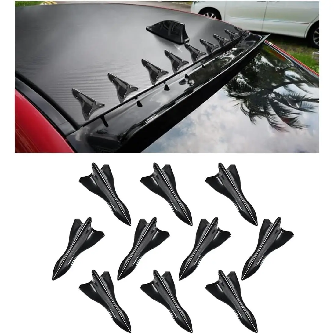 10PCS Car Diffuser Shark Fin Kit, Auto Air Vortex Generator Decoration Self-Adhesive  with Spoiler Roof Wing Pointed, Bumper Exterior Accessories  SUV, Car (Black)