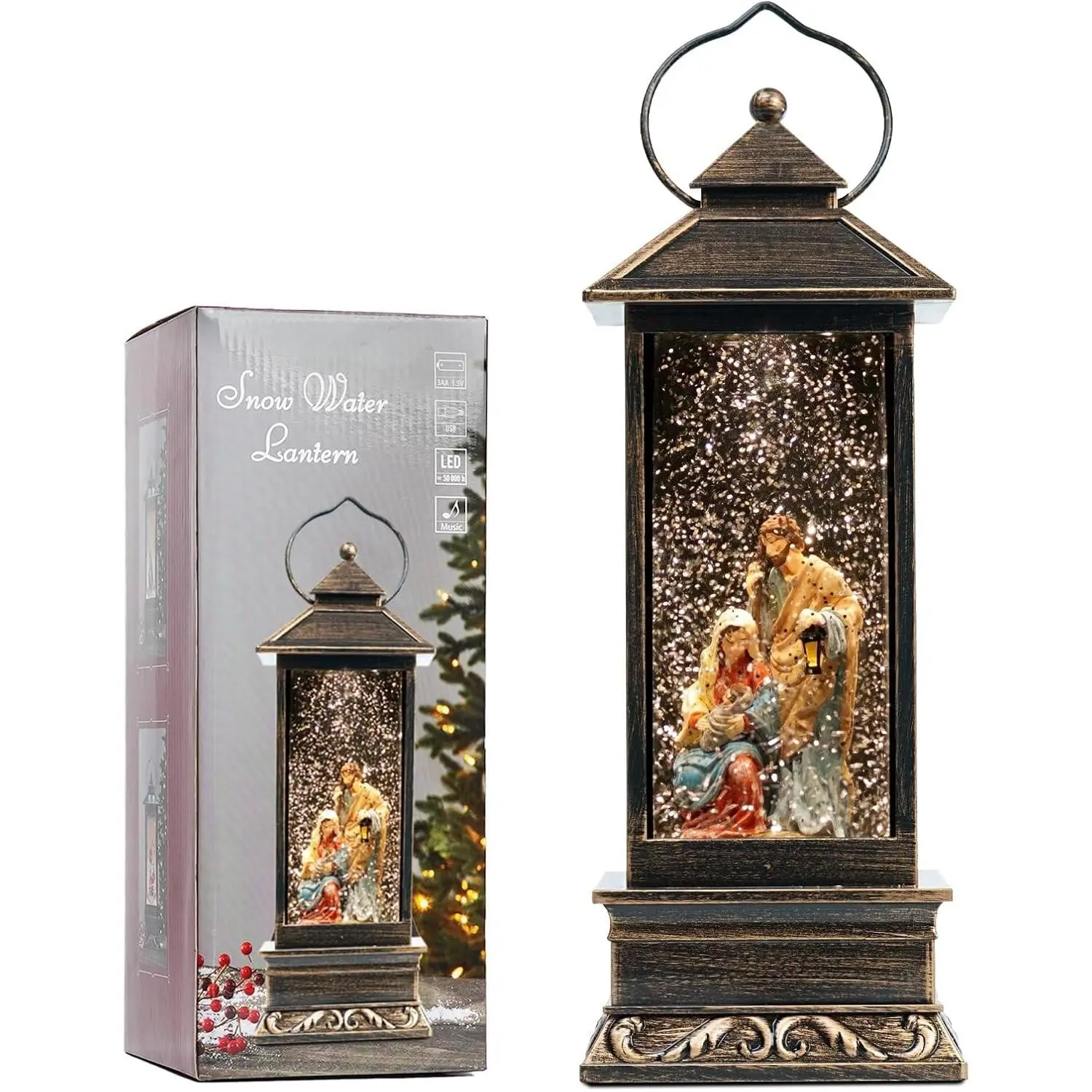 12" Vintage Christmas Nativity Snow Globe Lantern, Water-Swirling Glitter LED Light with Music, USB/Battery Operated Religious Xmas Gift, Home Decoration, Room Decorations