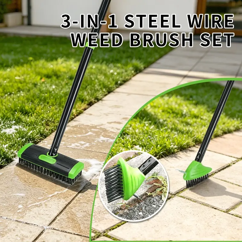Multi-Functional Steel Wool Weed Brush Set, Effective Road Cleaning, Gardening, Long Handle Garden Cleaning Tool, Best Choice for Yard Renovation and Cleanup