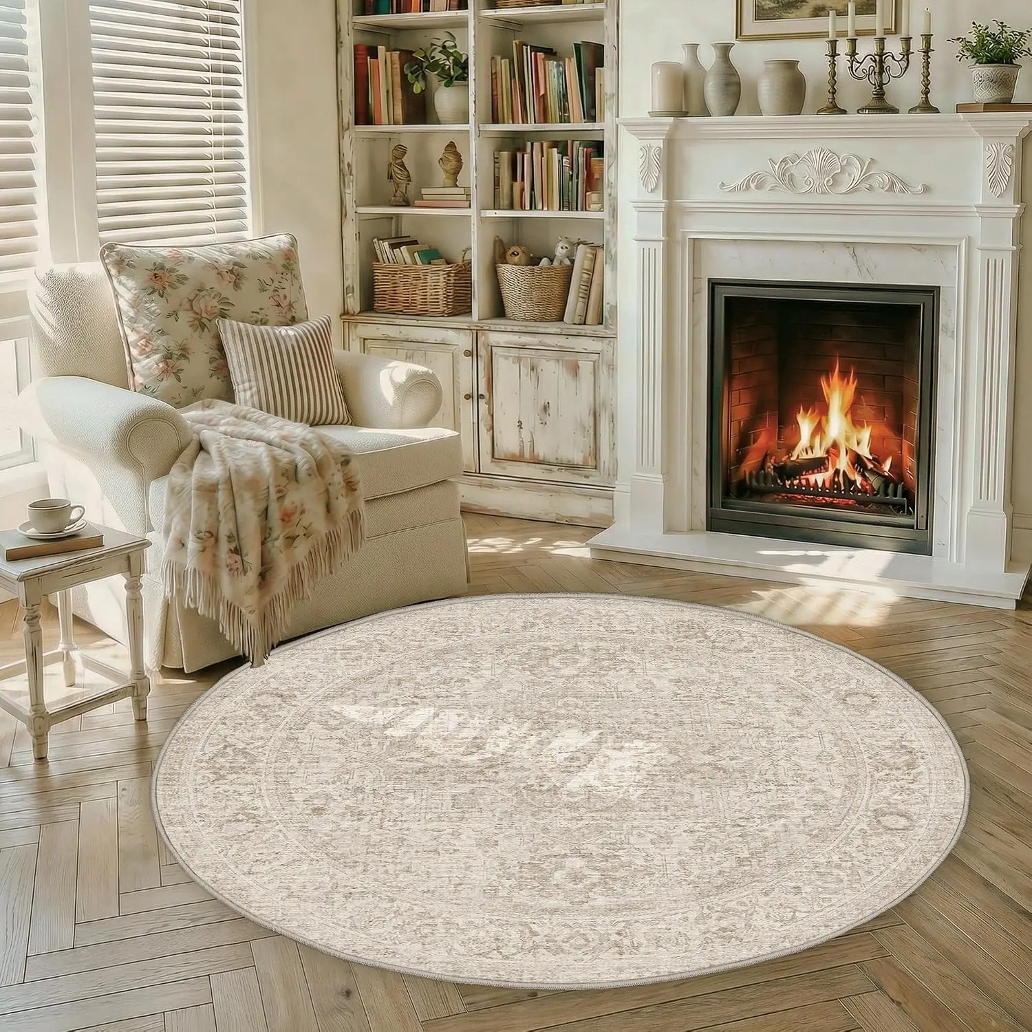 3ft Round Washable Beige Neutral Oriental Entryway Throw Area Rug| Circle Distressed Vintage Non Slip Low Pile Soft Thin Small Indoor Carpet Door Mat Bedroom Living Room