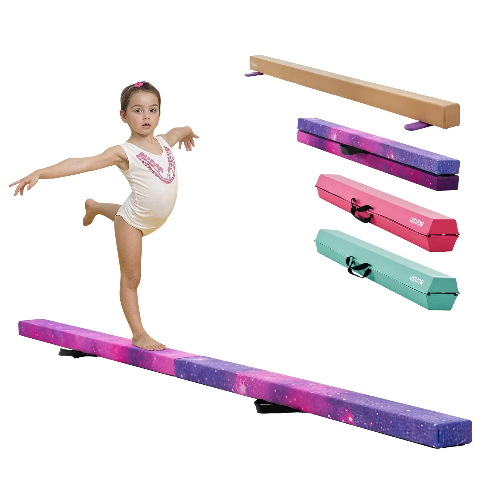 VEVOR 8FT Foldable Kids' Gymnastics Floor Beam - Sturdy 300LBS Support, Anti-Slip Surface & Bottom, Wood-Core Training Equipment with Non-Slip Mat, Carry Bag, Galaxy Design (Great Training Present)
