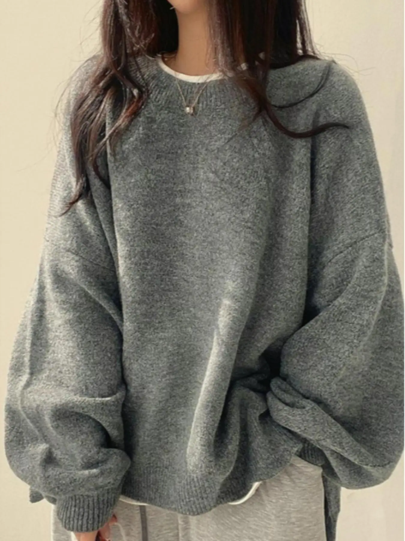 Plus Size Women's Fall Winter Korean Style Casual Knit Sweater, Drop Shoulder Round Neck, Soft Warm Fabric, Loose Lantern Sleeves, Ideal for Valentine's Day