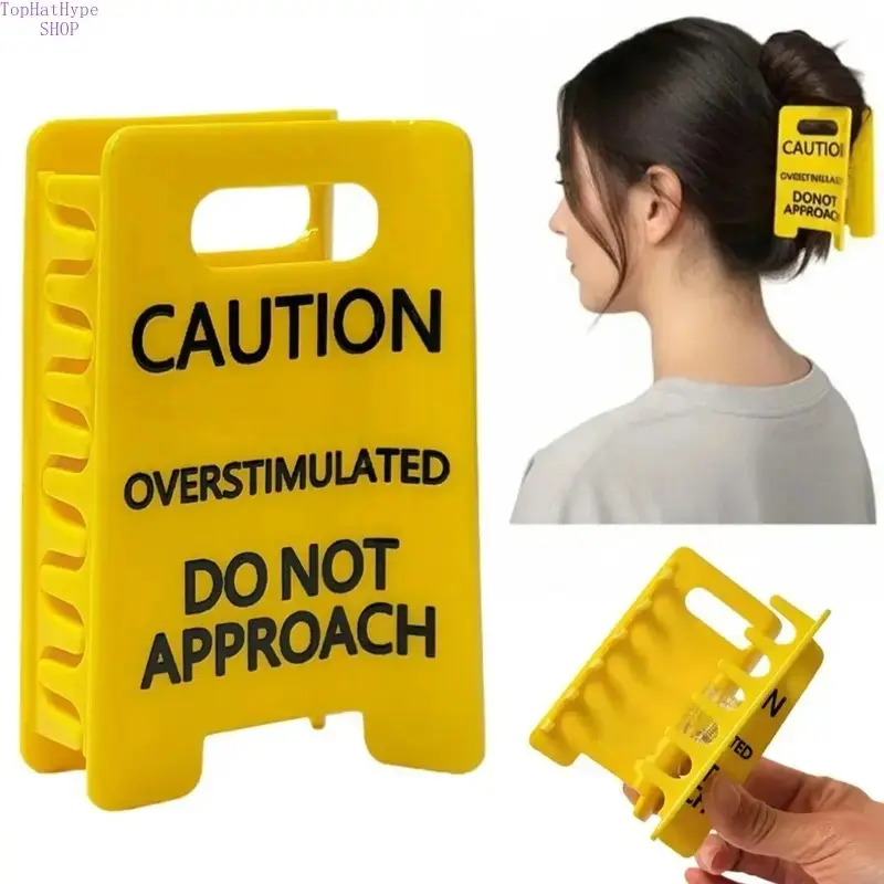 Novelty Overstimulated Caution Sign Claw Clip - Cute Hair Clips for Thick Hair, Strong Hold, Funny Coworker Gag Gift, Suitable for Christmas, Wedding, Engagement, Clawclip, Every Day, Vibrant Yellow Hue