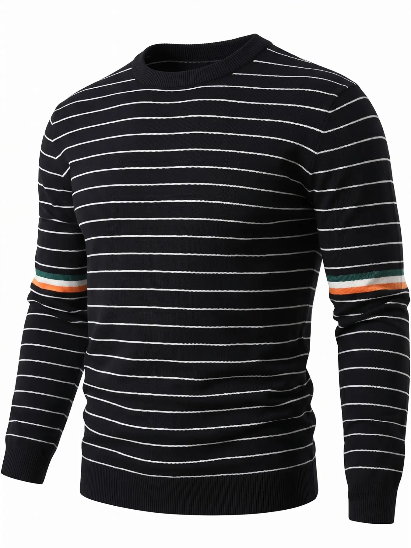 Men's Striped Sweater Crew Neck Long Sleeve Knit Pullover, Classic Contrast Stripe Colorblock Sleeve Design, Slim Fit Ribbed Cuff Hem Warm Jumpers, Casual Streetwear Fall Winter Clothes for Men Daily Work School Dating, Stripe Accent, Black