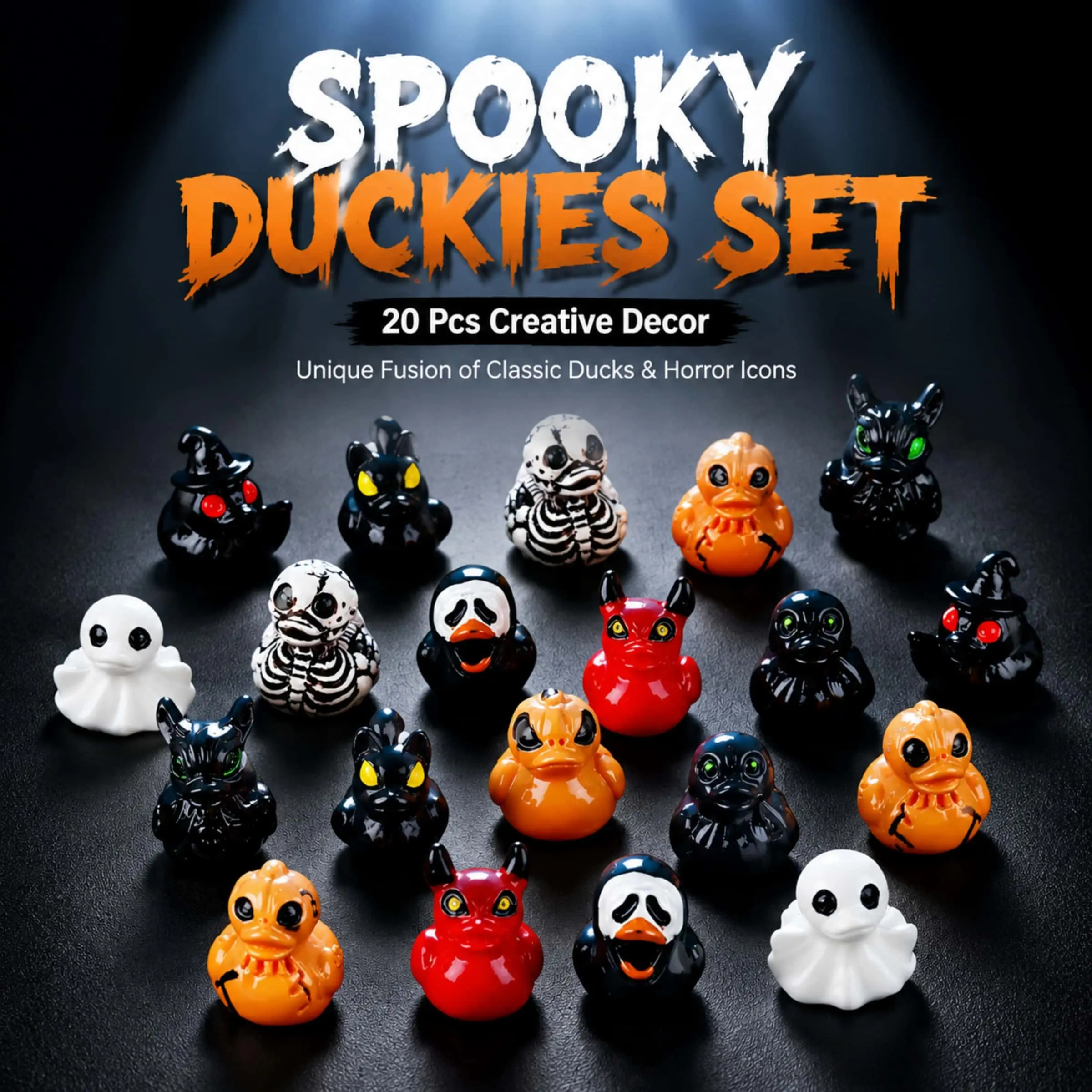[20Pcs] Mini Devil Ghost Skull Spooky Resin Ducks - Cute Ghost, Skull & Pumpkin Tiny Duck Figurines - Halloween Christmas Desk Decor, Desktop Decoration Ornament & Miniature Gothic Ornaments to Hide,Party Gift, DIY Phone Case Decorations
