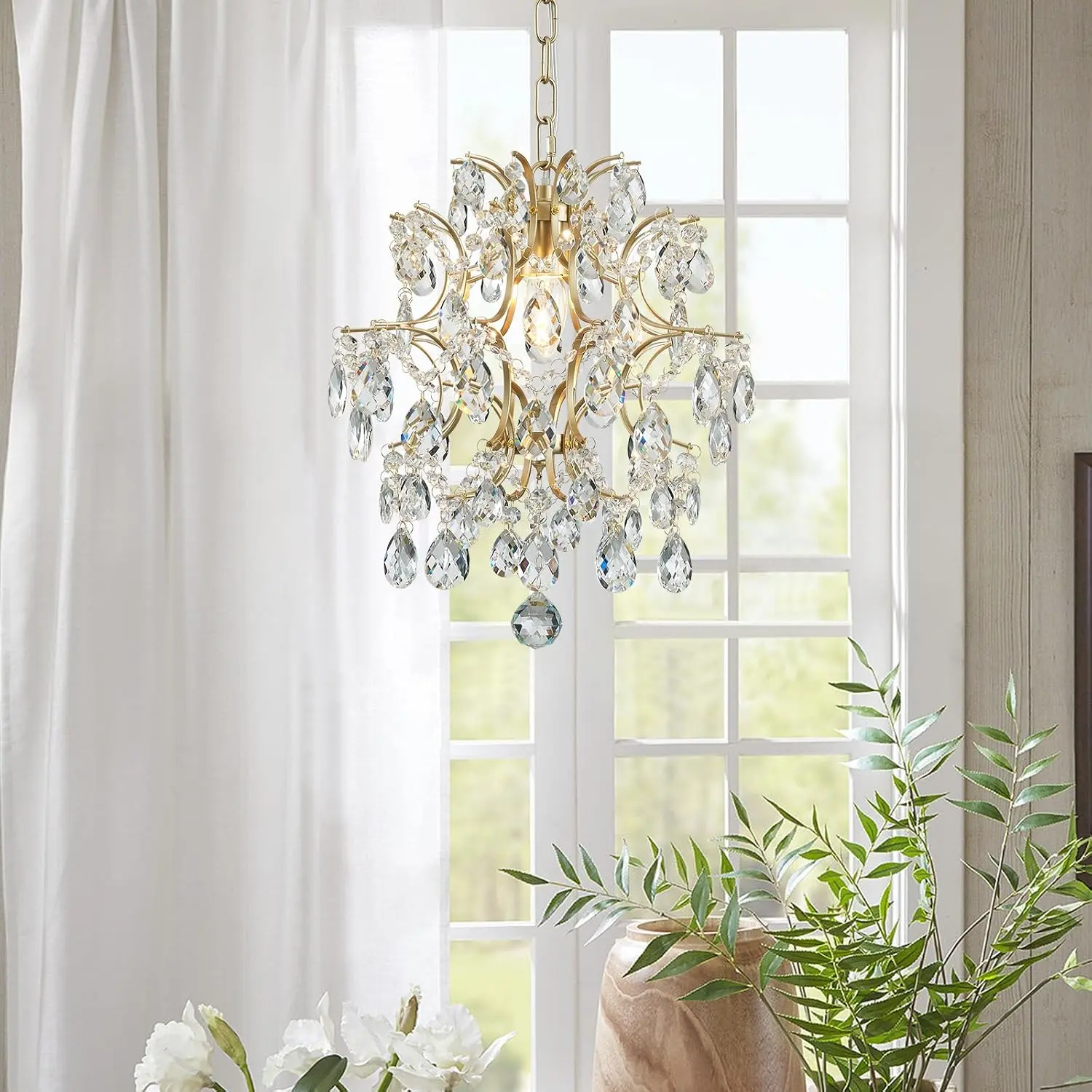 Gold Modern Crystal Glass Chandelier, Raindrop Pendant Ceiling Lamp with Illumination for Dining Room, 1 E26 Bulb Required, 13in D x 16in H, Chandeliers
