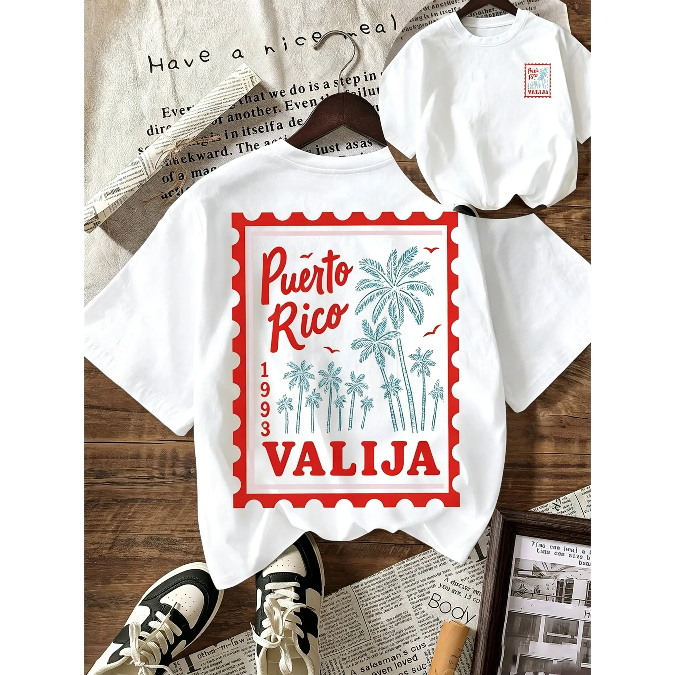 Women's Basic Casual Round Neck Short Sleeve T-Shirt Top - Seaside Tropical Palm & Coconut Tree Graphic Print, Spring Summer Valentine's Day Vacation Wear