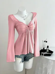 French Heart Neck Flare Sleeve Top for Women, Lady, Long Sleeve, Fitted Sweater Tops, Spring & Fall Knot Slimming A-Line Knit Sweater, Versatile Elegant Casual Knitwear Fashion, Knitwear Womenswear