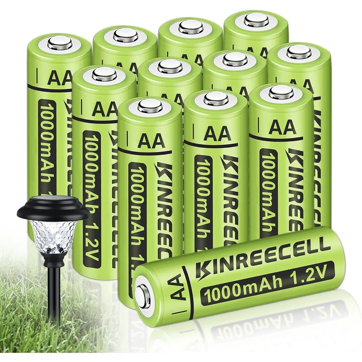 12-Pack Cylindrical Rechargeable Ni-MH AA Batteries - 1.2V 1000mAh High-Capacity, Pre-Charged for Outdoor Solar Lights