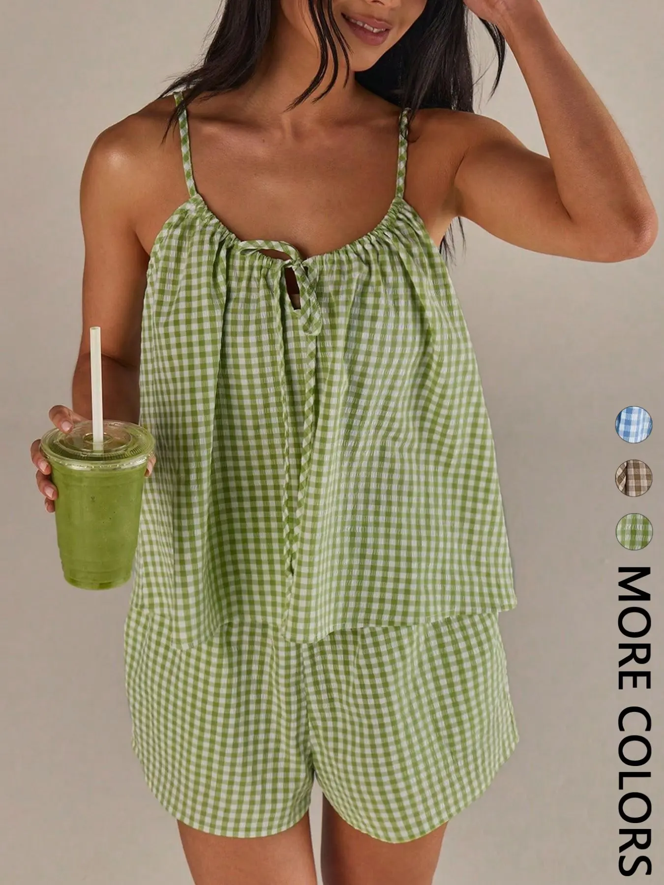 2PCS Women Gingham Seersucker Outfit Clothes, Adjustable Spaghetti Strap Cami Top with Front Keyhole Tie & Elastic Waist Shorts with Side Pockets, Breathable Lightweight Soft Fabric for Daily Casual Vacation Beach, Fresh Summer Casual