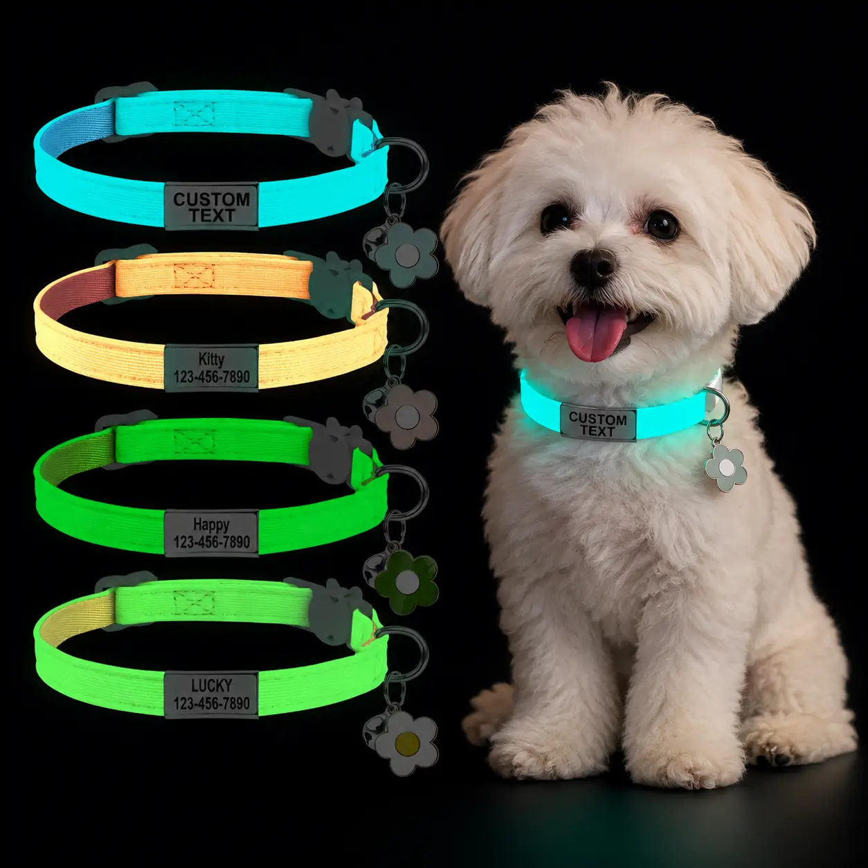 Luminous Engraved Cat Collar Laser Customized Name and Phone Number Safe for Night Cat Walking No Battery Required Adjustable