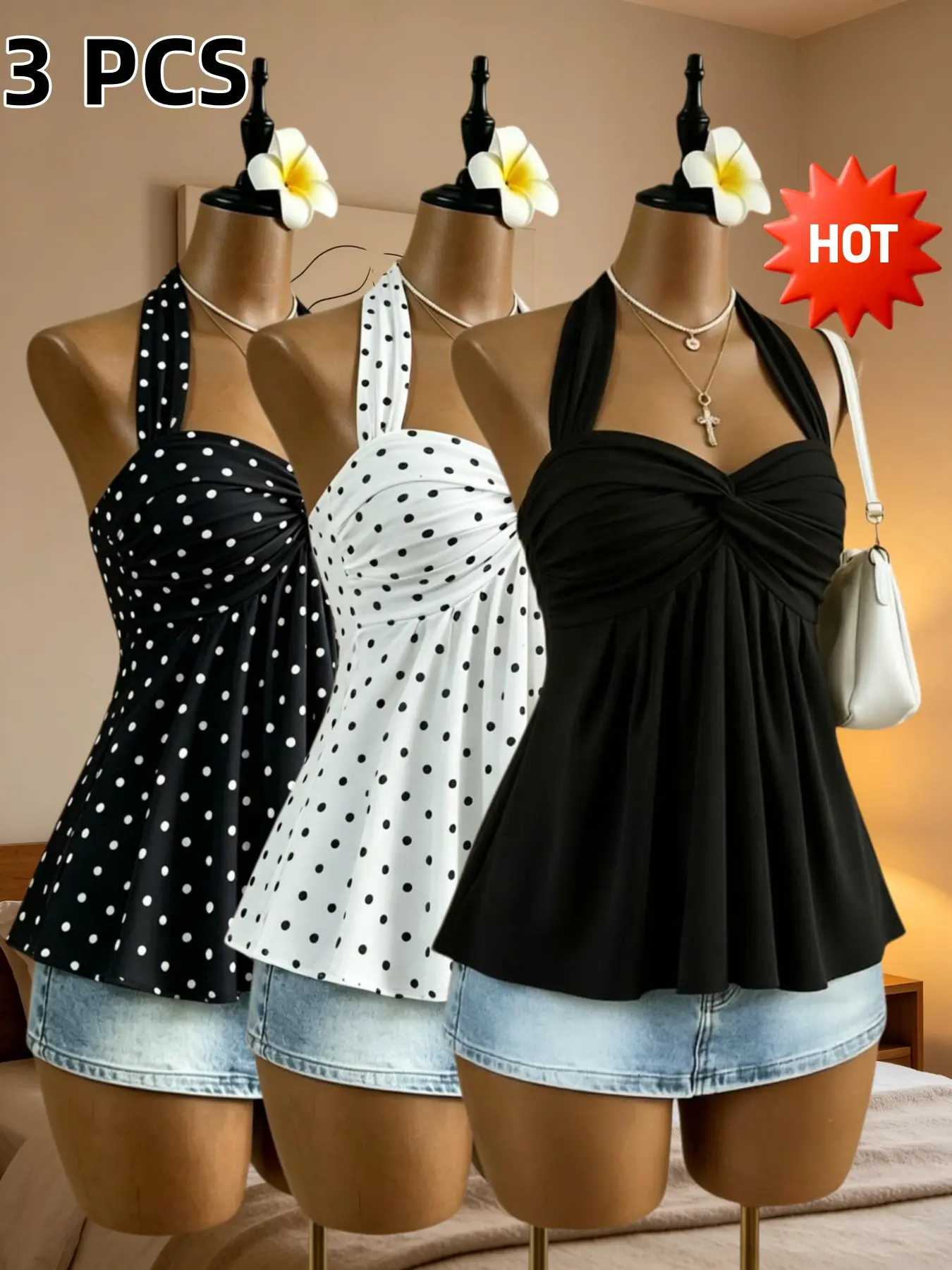 Trendy Elegant Chic Women's Halter Knot Sleeveless Shoulder-Exposed Solid Top, Ruched Flowy Lace Back Vest, Ideal for Daily Summer Vacation Three-Piece Set