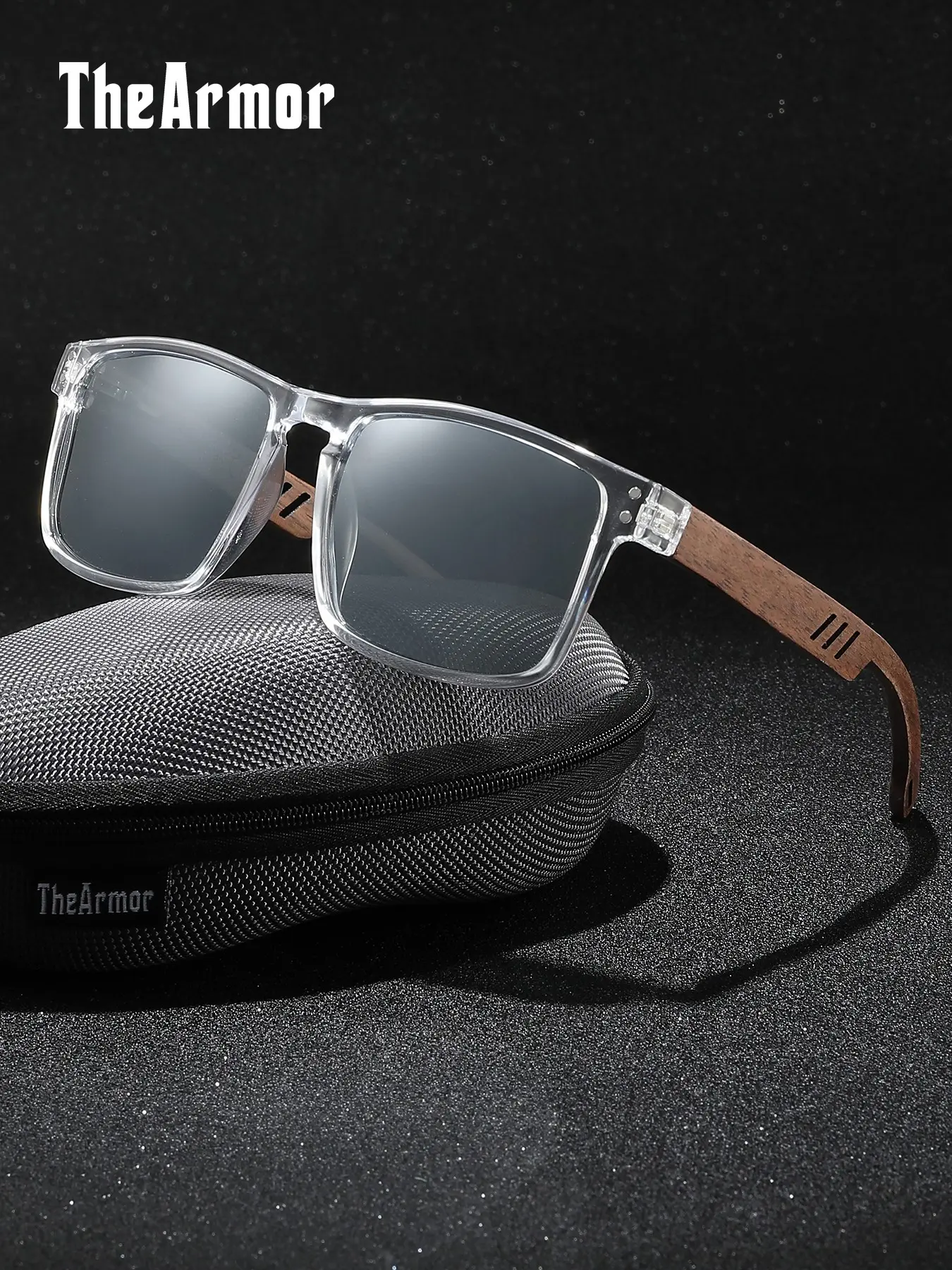 The Armor Wood Temple Polarized Sunglasses UV400 Gradient Black Lens Square Frame Metal Detail Men Women Driving Eyewear